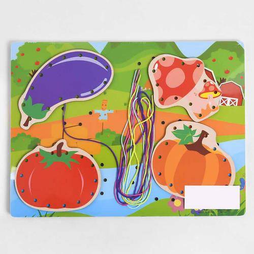 Jucarie educativa din lemn de snuruit/siretuit - Legume