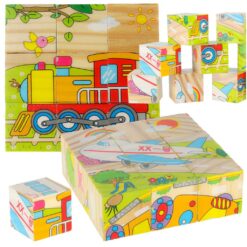 Set 6 puzzle cubic din lemn - Mijloace de transport, 9 cuburi