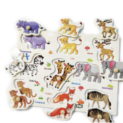 Puzzle incastru din lemn cu butoni si 9 animale Salbatice 02 Puzzle incastru din lemn cu butoni si 9 animale Salbatice 01