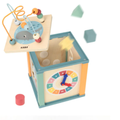 Cub Educativ de tip Montessori, din lemn, cu 5 in 1 activitati, 3 ani+