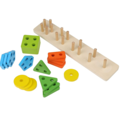 Joc sortator de forme geometrice pe 5 coloane, lemn, 30cm