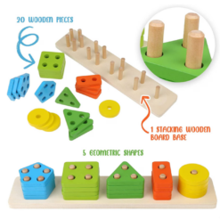 Joc sortator de forme geometrice pe 5 coloane, lemn, 30cm