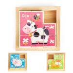 Set 3 puzzle cubic din lemn - Animale, 8 cuburi