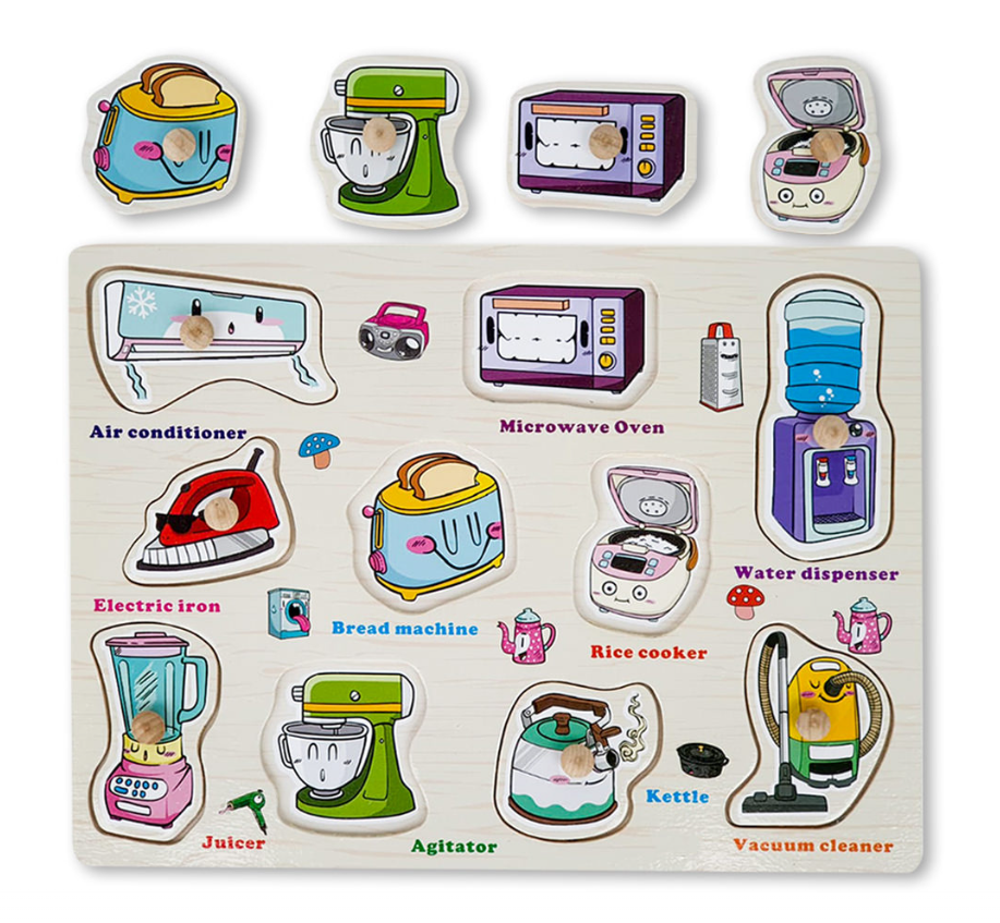 Puzzle incastru din lemn cu butoni si10 Obiecte casnice