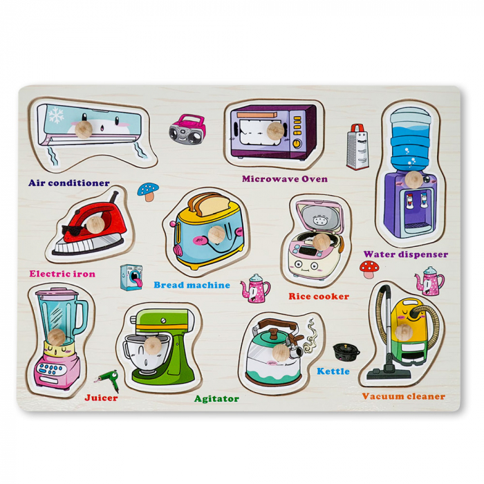 Puzzle incastru din lemn cu butoni si10 Obiecte casnice