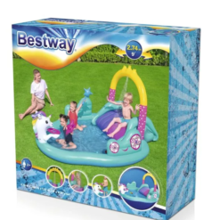 Piscina pentru copii cu Tobogan si Fantana, Unicorn, PVC, 274 x 195 x 137 cm