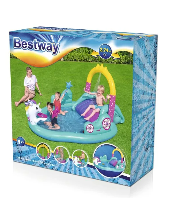 Piscina pentru copii cu Tobogan si Fantana, Unicorn, PVC, 274 x 195 x 137 cm