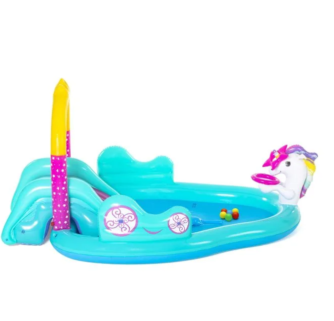 Piscina pentru copii cu Tobogan si Fantana, Unicorn, PVC, 274 x 195 x 137 cm