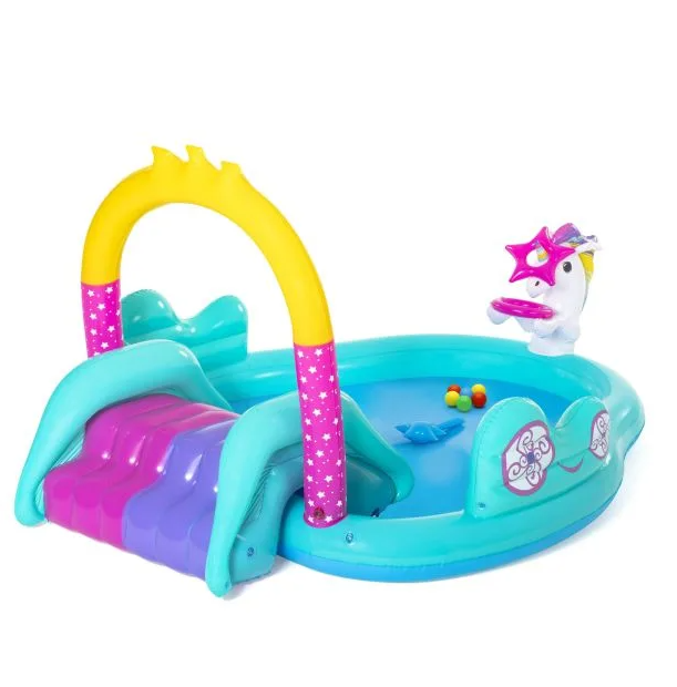 Piscina pentru copii cu Tobogan si Fantana, Unicorn, PVC, 274 x 195 x 137 cm