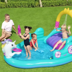 Piscina pentru copii cu Tobogan si Fantana, Unicorn, PVC, 274 x 195 x 137 cm