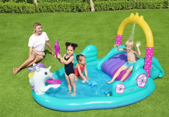 Piscina pentru copii cu Tobogan si Fantana, Unicorn, PVC, 274 x 195 x 137 cm