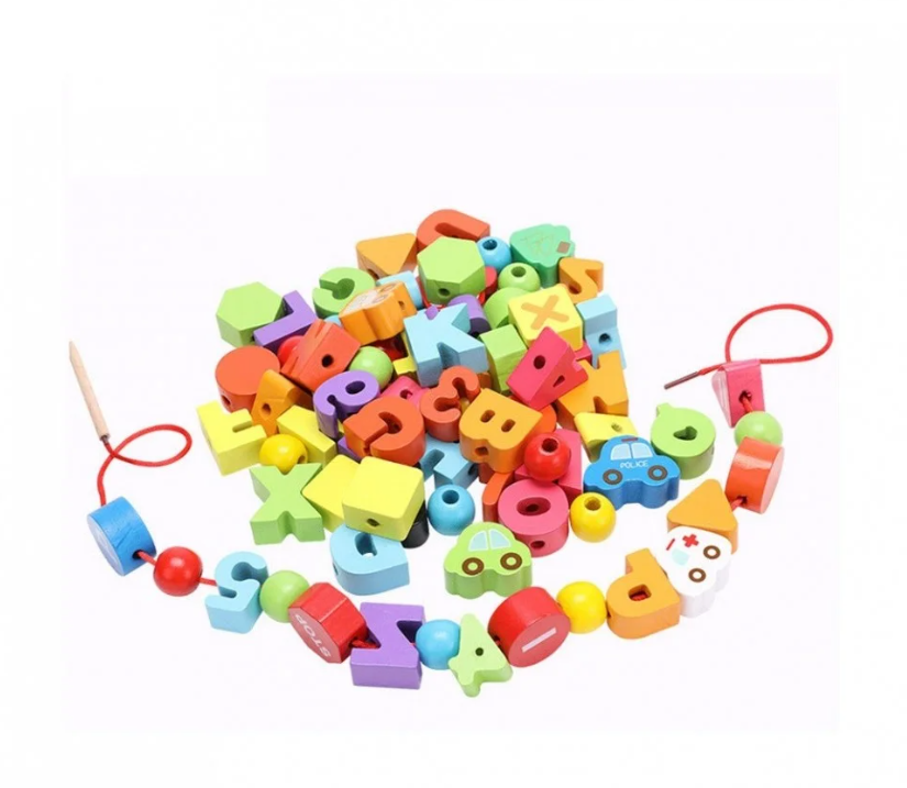 Joc de tip Montessori, set 75 margele din lemn, 3 ani