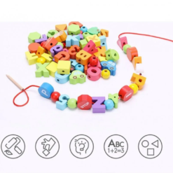 Joc de tip Montessori, set 75 margele din lemn, 3 ani