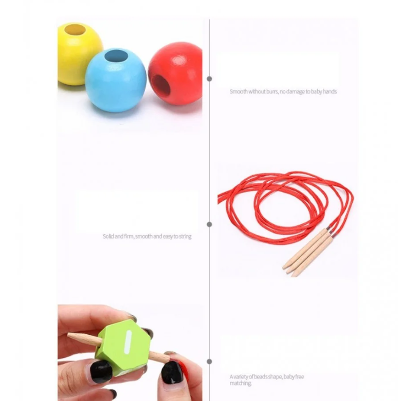 Joc de tip Montessori, set 75 margele din lemn, 3 ani