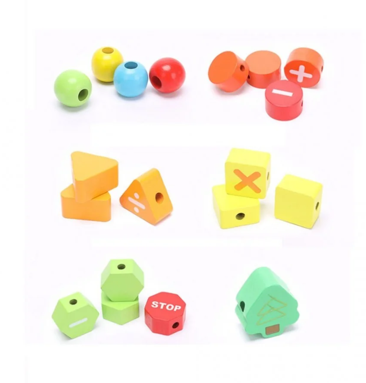 Joc de tip Montessori, set 75 margele din lemn, 3 ani