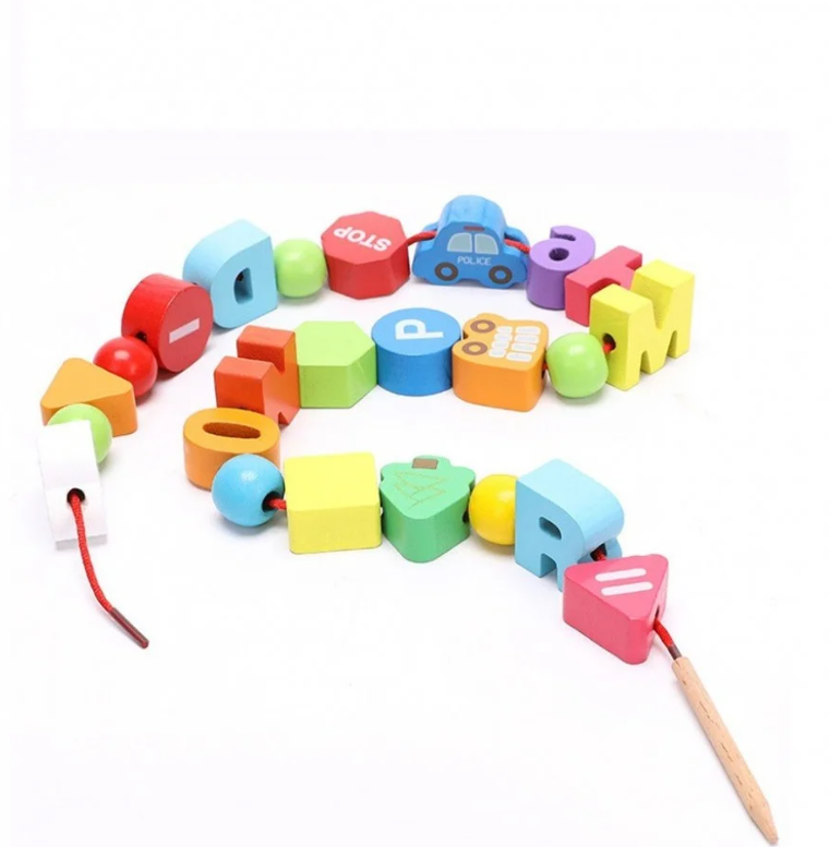 Joc de tip Montessori, set 75 margele din lemn, 3 ani