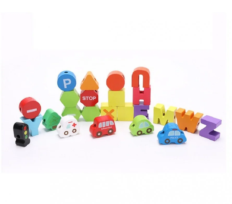 Joc de tip Montessori, set 75 margele din lemn, 3 ani