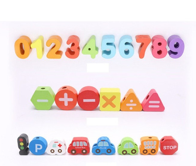 Joc de tip Montessori, set 75 margele din lemn, 3 ani