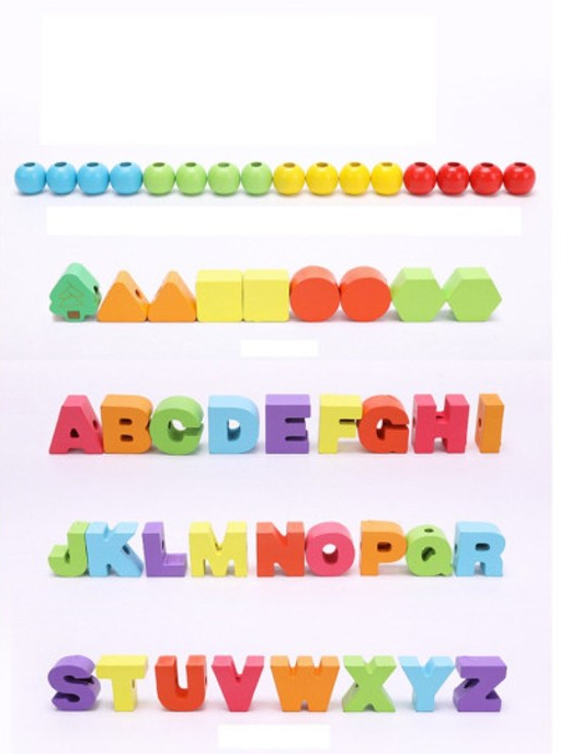 Joc de tip Montessori, set 75 margele din lemn, 3 ani