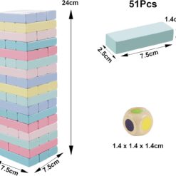 Joc de societate Jenga, 54 piese din lemn colorate, 3 ani+