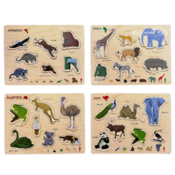 Set puzzle-uri educative din lemn cu animale din America, Africa, Asia si Australia, 3 ani+
