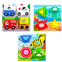 Puzzle 3D din lemn cu piese groase, 3 ani, Kabi