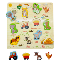 Puzzle incastru din lemn in Limba Romana cu piese groase, Ferma