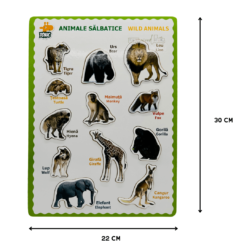 Puzzle incastru din lemn in Limba Romana si Engleza, Animale salbatice