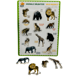 Puzzle incastru din lemn in Limba Romana si Engleza, Animale salbatice