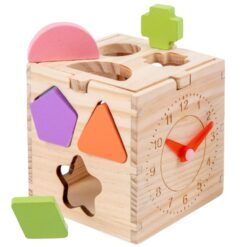 Cub Sortator de forme geometrice si ceas, din Lemn, 3 ani+