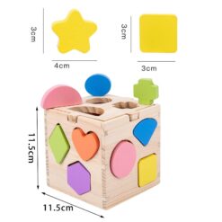 Cub Sortator de forme geometrice si ceas, din Lemn, 3 ani+