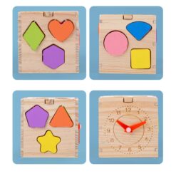 Cub Sortator de forme geometrice si ceas, din Lemn, 3 ani+