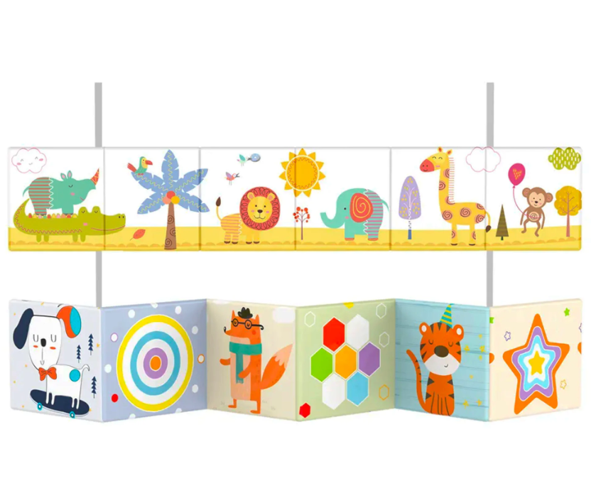 Carte senzoriala si Protectie patut pentru bebe 2 in 1 – Carte senzoriala pliabila jucarie si protectie patut Animale Kids Melody O jucarie si articol pentru bebelusi, din gama de articole senzoriale dar si de protectie. Carticica poate fi pliata si oferita bebelusului pentru a o studia si a explora senzorial. Cartea are animale si forme geometrice, o multime de culori si o grafica foarte reusita. O lume de culori, texturi, fosnete; Materiale sigure, prietenoase cu pielea bebelusului; Usor de curatat si intretinut; Include sfori pentru a fi atasata la patutul lui bebe, cu rol de protectie; Moale si cu o multime de imagini vesele atat pe o parte cat si pe verso; Dimensiune: 80 cm x 13.5 cm