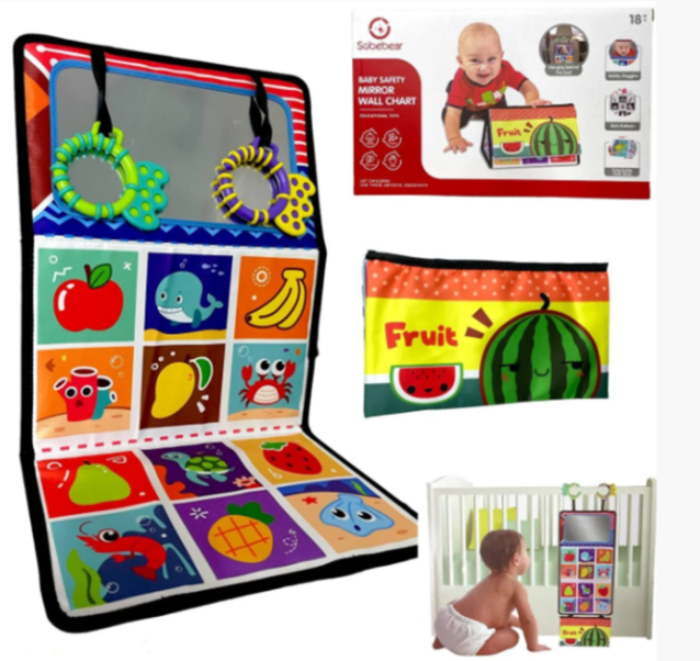 Cu o multime de imagini cu constrast ridicat, perfecte pentru a stimula bebelusul. Covoras cu doua fete, ce poate fi pliat sub forma de piramida, si include in pachet o carticica textila atasabila. Inlude imagini diverse cu animale, pe paginile textile, iar covorasul in sine are diverse activitati. Covoras Senzorial cu Oglinda „Bebe se Joaca pe Burtica Sobebear” Cand vine vorba de dezvoltarea bebelusului, primele luni sunt esentiale. Jocul pe burtica este o activitate recomandata de pediatri si specialisti pentru a stimula dezvoltarea fizica si senzoriala a micutilor. Design Atractiv Cu un design colorat si plin de forme variate, acest covoras senzorial este un adevarat magnet pentru bebelusi. Motivele sale variaza de la animale vesel colorate, la instrumente muzicale si fructe, oferind bebelusului o multitudine de imagini care il vor captiva. Culorile vii stimuleaza vederea, in timp ce formele diverse ajuta la dezvoltarea recunoasterii obiectelor. Oglinda Incorporata O caracteristica speciala a acestui covoras este oglinda incorporata. Bebelusii sunt fascinati de propriile lor reflexii, iar oglinda devine un punct de atractie major. Pe langa distractie, oglinda ajuta la dezvoltarea recunoasterii de sine si la intelegerea conceptului de „eu”. Texturi si Materiale Diverse Textura covorasului este delicata pe pielea bebelusului, insa ofera si elemente cu texturi diferite pentru a stimula simtul tactil. De la materiale fosnitoare pana la cele pufoase, fiecare centimetru al covorasului este gandit pentru a oferi o experienta tactila variata. Jucarii Detasabile Covorasul vine cu cateva jucarii detasabile, perfecte pentru micutele manute ale bebelusilor. Aceste jucarii pot fi agatate de covoras sau folosite separat, oferind astfel posibilitati variate de joc si descoperire. Siguranta si Confort Securitatea bebelusilor este esentiala, iar acest covoras este fabricat din materiale non-toxice si hipoalergenice. De asemenea, este suficient de gros pentru a oferi un confort sporit in timpul jocului pe burtica. Utilizare Versatila Este usor de pliat si transportat, fiind ideal pentru calatorii. O jucarie si articol pentru bebelusi, din gama de articole senzoriale dar si de protectie. Carticica poate fi pliata si oferita bebelusului pentru a o studia si a explora senzorial. O lume de culori, texturi, fosnete; Materiale sigure, prietenoase cu pielea bebelusului; Imagini cu contrast alb negru si culori intense; 24 de patratele cu diverse imagini, atat alb-negru cat si color; Oglinda speciala, sigura pentru bebe; Cleme pentru o pliere usoara sub forma de piramida; Atasate jucarii dentitie; Carticica textila cu fosnet; Dimensiune: 65 cm x 25 cm