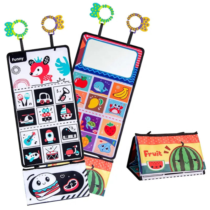 Cu o multime de imagini cu constrast ridicat, perfecte pentru a stimula bebelusul. Covoras cu doua fete, ce poate fi pliat sub forma de piramida, si include in pachet o carticica textila atasabila. Inlude imagini diverse cu animale, pe paginile textile, iar covorasul in sine are diverse activitati. Covoras Senzorial cu Oglinda „Bebe se Joaca pe Burtica Sobebear” Cand vine vorba de dezvoltarea bebelusului, primele luni sunt esentiale. Jocul pe burtica este o activitate recomandata de pediatri si specialisti pentru a stimula dezvoltarea fizica si senzoriala a micutilor. Design Atractiv Cu un design colorat si plin de forme variate, acest covoras senzorial este un adevarat magnet pentru bebelusi. Motivele sale variaza de la animale vesel colorate, la instrumente muzicale si fructe, oferind bebelusului o multitudine de imagini care il vor captiva. Culorile vii stimuleaza vederea, in timp ce formele diverse ajuta la dezvoltarea recunoasterii obiectelor. Oglinda Incorporata O caracteristica speciala a acestui covoras este oglinda incorporata. Bebelusii sunt fascinati de propriile lor reflexii, iar oglinda devine un punct de atractie major. Pe langa distractie, oglinda ajuta la dezvoltarea recunoasterii de sine si la intelegerea conceptului de „eu”. Texturi si Materiale Diverse Textura covorasului este delicata pe pielea bebelusului, insa ofera si elemente cu texturi diferite pentru a stimula simtul tactil. De la materiale fosnitoare pana la cele pufoase, fiecare centimetru al covorasului este gandit pentru a oferi o experienta tactila variata. Jucarii Detasabile Covorasul vine cu cateva jucarii detasabile, perfecte pentru micutele manute ale bebelusilor. Aceste jucarii pot fi agatate de covoras sau folosite separat, oferind astfel posibilitati variate de joc si descoperire. Siguranta si Confort Securitatea bebelusilor este esentiala, iar acest covoras este fabricat din materiale non-toxice si hipoalergenice. De asemenea, este suficient de gros pentru a oferi un confort sporit in timpul jocului pe burtica. Utilizare Versatila Este usor de pliat si transportat, fiind ideal pentru calatorii. O jucarie si articol pentru bebelusi, din gama de articole senzoriale dar si de protectie. Carticica poate fi pliata si oferita bebelusului pentru a o studia si a explora senzorial. O lume de culori, texturi, fosnete; Materiale sigure, prietenoase cu pielea bebelusului; Imagini cu contrast alb negru si culori intense; 24 de patratele cu diverse imagini, atat alb-negru cat si color; Oglinda speciala, sigura pentru bebe; Cleme pentru o pliere usoara sub forma de piramida; Atasate jucarii dentitie; Carticica textila cu fosnet; Dimensiune: 65 cm x 25 cm