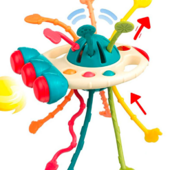 ucarie senzoriala pentru copii cu corzi de tragere pentru motricitate fina si texturi diverse pentru stimulare tactila. Aceste este o jucarie interactiva pentru bebelus. Ii ajuta sa-si dezvolte abilitatile motorii fine si sa isi imbunatateasca coordonarea ochi-mana. Aceasta jucarie in forma de racheta este fabricata dintr-un material moale si placut la atingere si poate fi trasa de bebelusi. Jucaria este conceputa dupa metoda Montessori, ceea ce inseamna ca incurajeaza dezvoltarea autonomiei si independentei copilului. Acesta va fi incantat sa descopere cum poate controla miscarea jucariei prin tragerea snurului, iar parintii se vor bucura sa vada cum copilul lor isi dezvolta abilitatile motorii si cognitive intr-un mod distractiv si interactiv. Jucaria are 6 coarde cu texturi si forme diferite. Fiecare coarda poate fi trasa de la un capat la altul, in scopul exersarii abilitatilor motorii fine a mainii copilului. Diferitele texturi pot oferi nu numai o experienta tactila bogata, ci si ocazia de a experimenta mici dificultati atunci cand se trage coarda. Jucaria senzoriala in forma de racheta este potrivita pentru copii cu varste cuprinse intre 18 si 24 de luni. Jucaria este prevazuta cu un orificiu pentru a fi agatata oriunde va doriti. Aceasta jucarie Montessori poate insoti copilul si in calatorii, fiind usor de transportat. Diverse moduri de joaca: Fidget Pop (apasa si ridica pentru a elibera stresul). Apasati butonul in jos si glisati stanga si dreapta pentru flexibilitatea degetelor copilului. Functia de jucarie de dentite: texturi diferite, puncte si linii pe ambele parti ale celor 6 coarde de silicon. Jucaria este fabricata din silicon alimentar de inalta calitate, 100% sigur pentru copii, fara BPA, neted, fara miros si durabil. Dimensiune: 20 cm x 12 cm Disponibila in doua culori