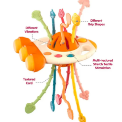 ucarie senzoriala pentru copii cu corzi de tragere pentru motricitate fina si texturi diverse pentru stimulare tactila. Aceste este o jucarie interactiva pentru bebelus. Ii ajuta sa-si dezvolte abilitatile motorii fine si sa isi imbunatateasca coordonarea ochi-mana. Aceasta jucarie in forma de racheta este fabricata dintr-un material moale si placut la atingere si poate fi trasa de bebelusi. Jucaria este conceputa dupa metoda Montessori, ceea ce inseamna ca incurajeaza dezvoltarea autonomiei si independentei copilului. Acesta va fi incantat sa descopere cum poate controla miscarea jucariei prin tragerea snurului, iar parintii se vor bucura sa vada cum copilul lor isi dezvolta abilitatile motorii si cognitive intr-un mod distractiv si interactiv. Jucaria are 6 coarde cu texturi si forme diferite. Fiecare coarda poate fi trasa de la un capat la altul, in scopul exersarii abilitatilor motorii fine a mainii copilului. Diferitele texturi pot oferi nu numai o experienta tactila bogata, ci si ocazia de a experimenta mici dificultati atunci cand se trage coarda. Jucaria senzoriala in forma de racheta este potrivita pentru copii cu varste cuprinse intre 18 si 24 de luni. Jucaria este prevazuta cu un orificiu pentru a fi agatata oriunde va doriti. Aceasta jucarie Montessori poate insoti copilul si in calatorii, fiind usor de transportat. Diverse moduri de joaca: Fidget Pop (apasa si ridica pentru a elibera stresul). Apasati butonul in jos si glisati stanga si dreapta pentru flexibilitatea degetelor copilului. Functia de jucarie de dentite: texturi diferite, puncte si linii pe ambele parti ale celor 6 coarde de silicon. Jucaria este fabricata din silicon alimentar de inalta calitate, 100% sigur pentru copii, fara BPA, neted, fara miros si durabil. Dimensiune: 20 cm x 12 cm Disponibila in doua culori