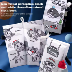 Set 6 carti textile si senzoriale pentru bebelusi, 0 luni, Alb-negru