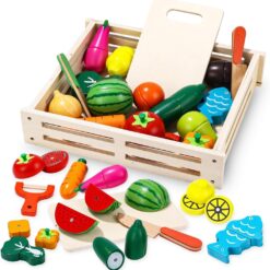 Ladita cu 14 fructe si legume, de feliat din lemn, cu magnet, 3 ani