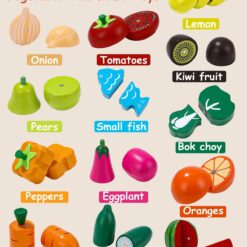 Ladita cu 14 fructe si legume, de feliat din lemn, cu magnet, 3 ani