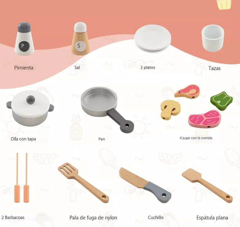 Bucatarie din lemn cu ustensile, pentru copii 65 cm, 3 ani 07