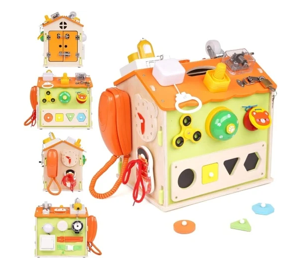 Această căsuță senzorială este un busy board perfect conceput pentru a stimula dezvoltarea abilităților motrice fine și cognitive la copiii de peste 3 ani, oferindu-le 22 de activități educative într-un singur produs. Inspirată din filozofia Montessori, căsuța este realizată din materiale sigure și durabile, fiind ideală pentru dezvoltarea abilităților practice și a independenței prin jocuri de manipulare și descoperire. Caracteristici: 22 de activități senzoriale și educative: copilul tău va avea acces la o varietate de activități precum învățarea formelor geometrice, deschiderea încuietorilor, utilizarea unui telefon, rotirea roților și multe altele. Materiale durabile și sigure: realizată din lemn de înaltă calitate, cu piese atent prelucrate pentru siguranța copiilor. Activități practice: căsuța include activități care dezvoltă coordonarea mână-ochi, răbdarea și abilitățile motorii fine. Copiii pot învăța să închidă și să deschidă încuietori, să rotească chei și să folosească obiecte de zi cu zi, cum ar fi întrerupătoarele și curelele. Stimularea dezvoltării cognitive: fiecare activitate încurajează copilul să exploreze, să gândească logic și să rezolve probleme, îmbunătățind astfel concentrarea și memoria. Design atractiv și interactiv: culorile vii și activitățile interesante îi vor capta atenția copilului, încurajând jocul independent și creativ. Beneficii educative: Dezvoltarea abilităților motrice fine: activitățile implică mișcări precise ale mâinilor, cum ar fi închiderea fermoarului, legarea șireturilor și manipularea formelor geometrice. Învățare prin explorare: copilul își dezvoltă simțul tactil și capacitatea de a descoperi singur soluții prin interacțiunea cu diferitele piese ale căsuței. Autonomie și încredere: jucăria încurajează copiii să devină mai autonomi în activitățile zilnice, dezvoltându-le încrederea în propriile abilități. Ideală pentru jocul individual sau în grup: căsuța poate fi utilizată atât de un singur copil, cât și împreună cu prieteni, promovând cooperarea și împărțirea. Recomandată pentru: Copii de 3 ani și mai mari, fiind o jucărie versatilă care îi va ține ocupați și îi va stimula să învețe lucruri noi prin joacă. Un produs ideal pentru acasă sau grădiniță, Căsuța senzorială Busy Board este o investiție în dezvoltarea armonioasă a copilului tău. Casuta senzoriala cu 22 activitati Montessori, Busy Board, 3 ani 01