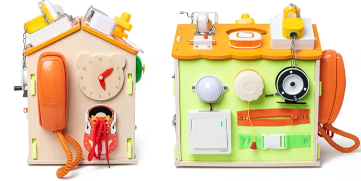 Casuta senzoriala cu 22 activitati Montessori, Busy Board, 3 ani 01