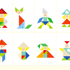 Ce include: 21 piese, forme geometrice de diferite culori si dimensiuni; 36 de sabloane, ilustrate fata-verso, in total 72 provocari; 1 cutie depozitare; Caracteristici: Material: lemn; Dimensiuni ambalaj: 17 x 17 x 4 cm; Varsta recomandata: 3 ani+
