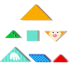 Ce include: 21 piese, forme geometrice de diferite culori si dimensiuni; 36 de sabloane, ilustrate fata-verso, in total 72 provocari; 1 cutie depozitare; Caracteristici: Material: lemn; Dimensiuni ambalaj: 17 x 17 x 4 cm; Varsta recomandata: 3 ani+