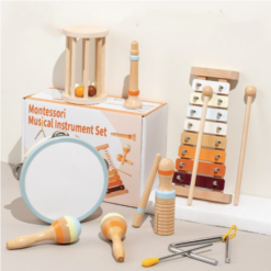 Set 7 instrumente muzicale din lemn pentru copii, 1 an+