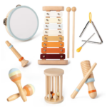 Set 7 instrumente muzicale din lemn pentru copii, 1 an+