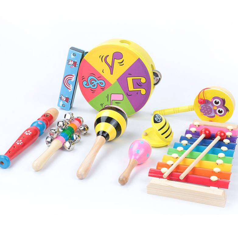 Set 9 instrumente muzicale din lemn pentru copii, 3 ani+