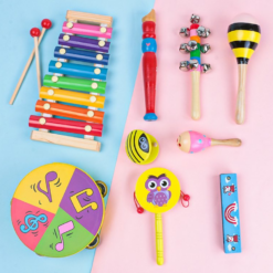 Set 9 instrumente muzicale din lemn pentru copii, 3 ani+