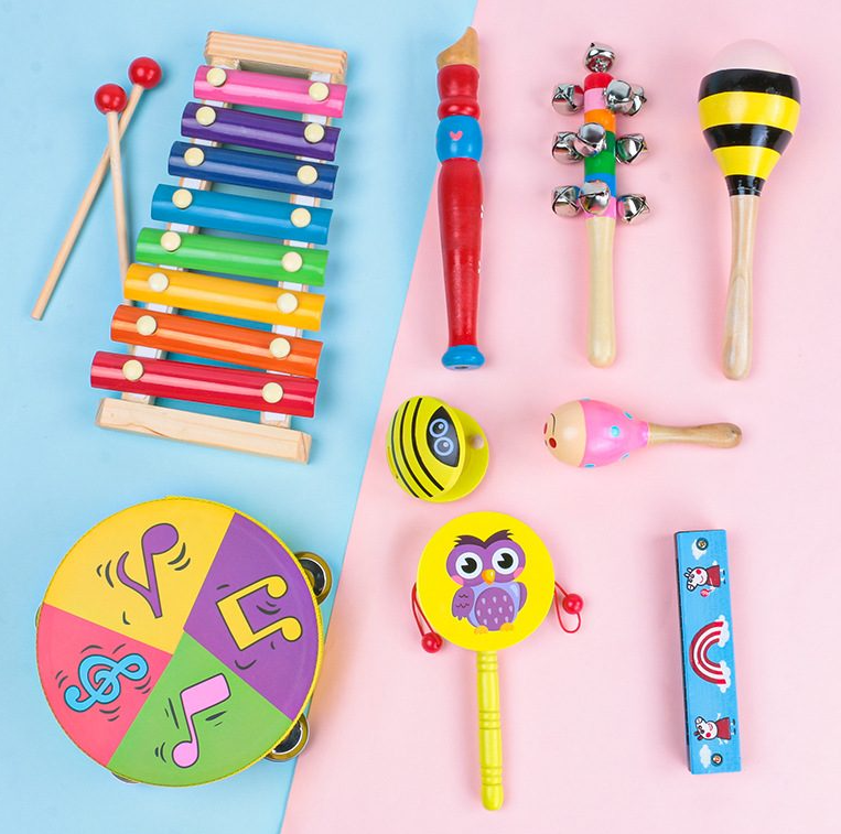 Set 9 instrumente muzicale din lemn pentru copii, 3 ani+